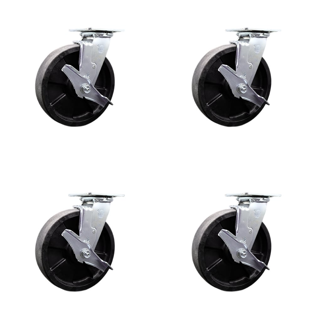 SCC-SS30S820-GFNB-TLB-BSL-2-TLB-2 Stainless Steel Heavy Duty Swivel Caster Set with 8 in. High Temperature Glass Filled Nylon Wheel & Ball Bearing