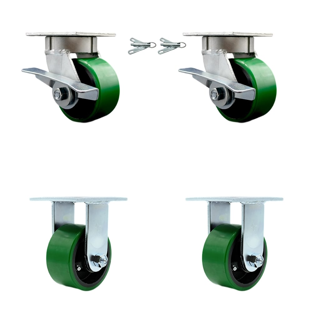 Kingpinless Polyurethane on Cast Iron Swivel Top Plate Caster with 4 x 2 in. Green Wheels - 2800 lbs Capacity - Set of 4