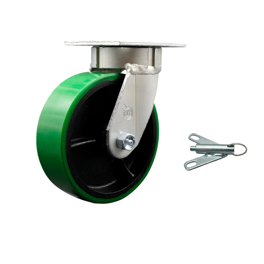 Kingpinless Polyurethane on Cast Iron Swivel Top Plate Caster with 6 x 2 in. Green Wheel & Bolt on Swivel Lock - 1200 lbs Capacity per Caster