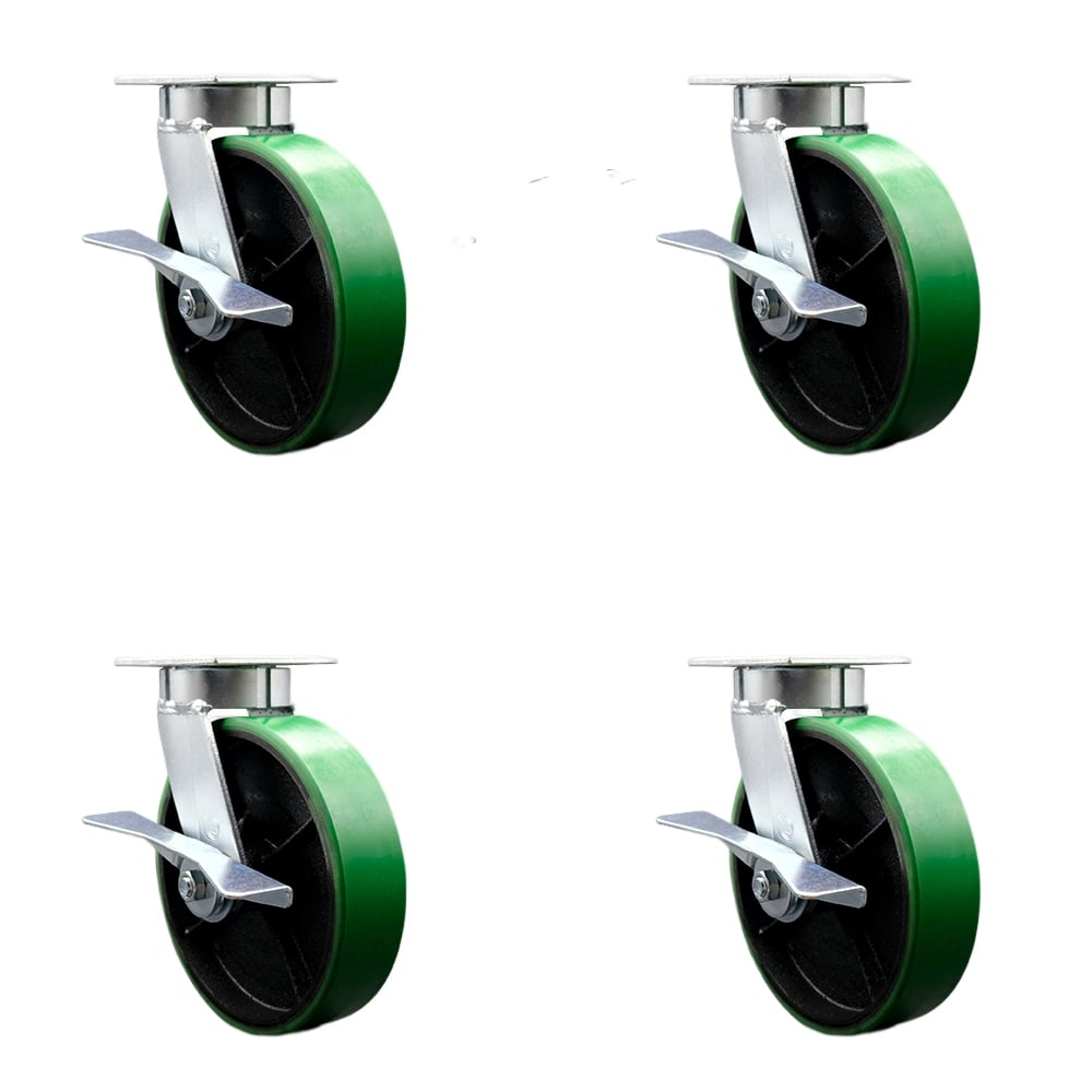 Kingpinless Polyurethane on Cast Iron Swivel Top Plate Caster with 8 x 2 in. Green Wheels - 5000 lbs Total Capacity - Set of 4