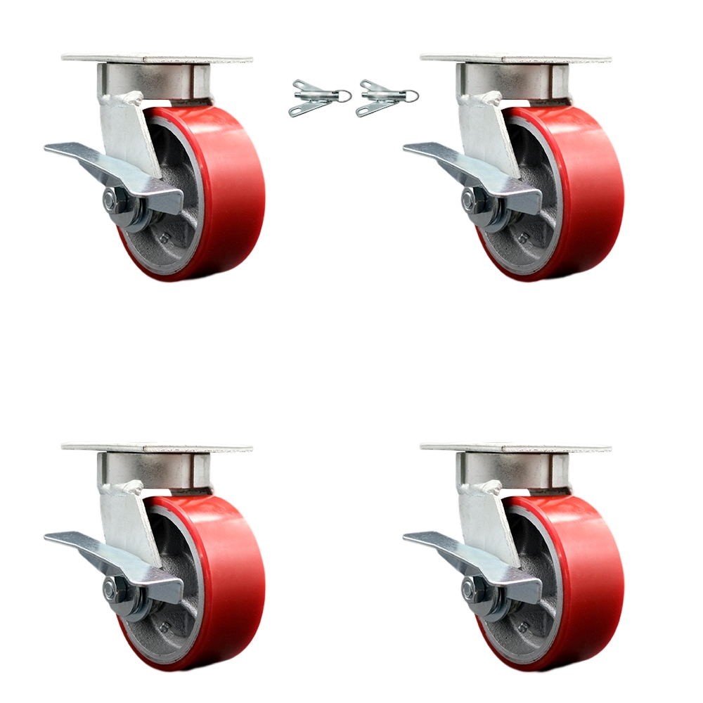 SCC-KP30S520-PUR-RS-SLB-BSL-2-SLB-2 Kingpinless Poly on Cast Iron Swivel Top Plate Caster with 5 x 2 in. Red Wheels - 3600 lbs Capacity - Set of 4