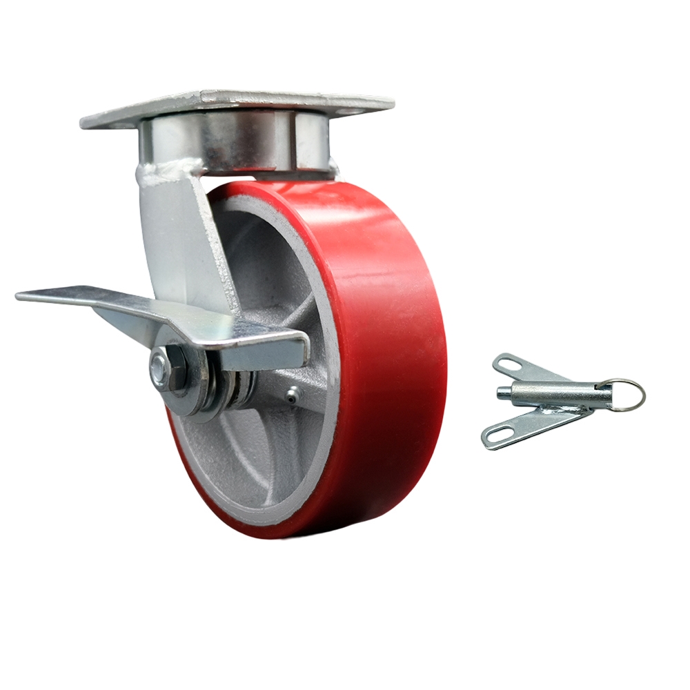 Kingpinless Polyurethane on Cast Iron Swivel Top Plate Caster with 6 x 2 in. Red Wheel & Side Lock Brake & Bolt on Swivel Lock - 1200 lbs Capacity