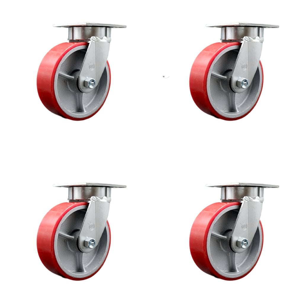 Kingpinless Polyurethane on Cast Iron Swivel Top Plate Caster with 6 x 2 in. Red Wheels - 4800 lbs Total Capacity - Set of 4