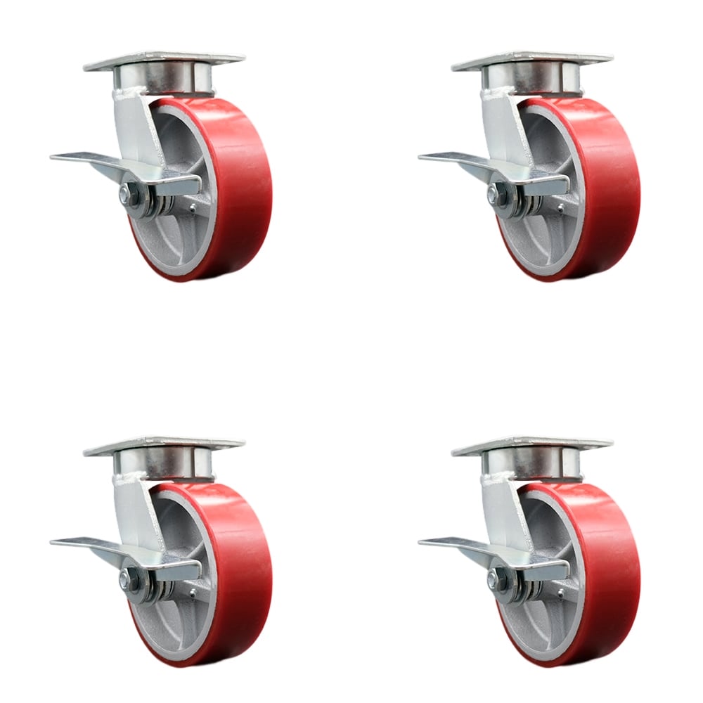 Kingpinless Polyurethane on Cast Iron Swivel Top Plate Caster with 6 x 2 in. Red Wheels - 4800 lbs Total Capacity - Set of 4