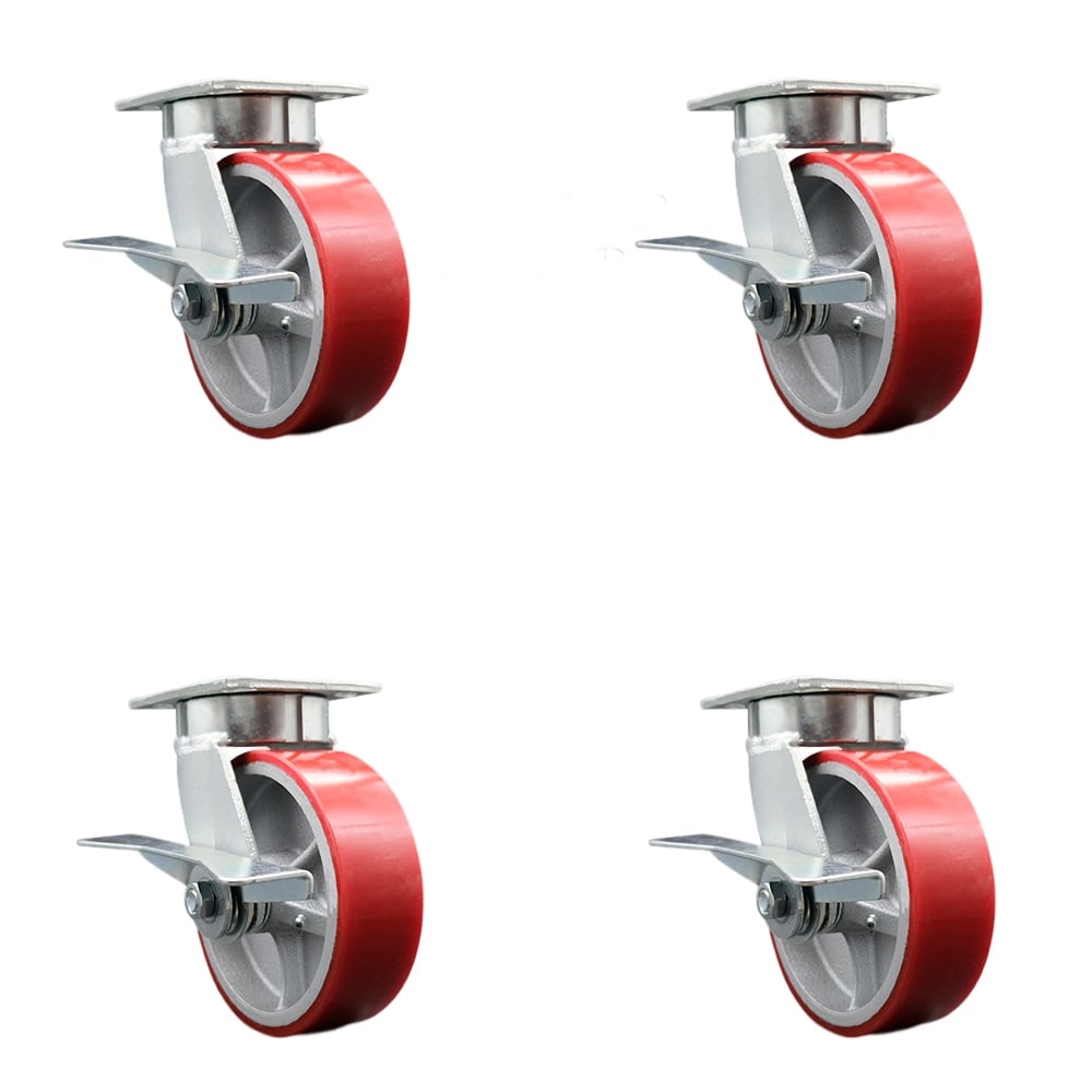 Kingpinless Polyurethane on Cast Iron Swivel Top Plate Caster with 6 x 2 in. Red Wheels - 4800 lbs Total Capacity - Set of 4
