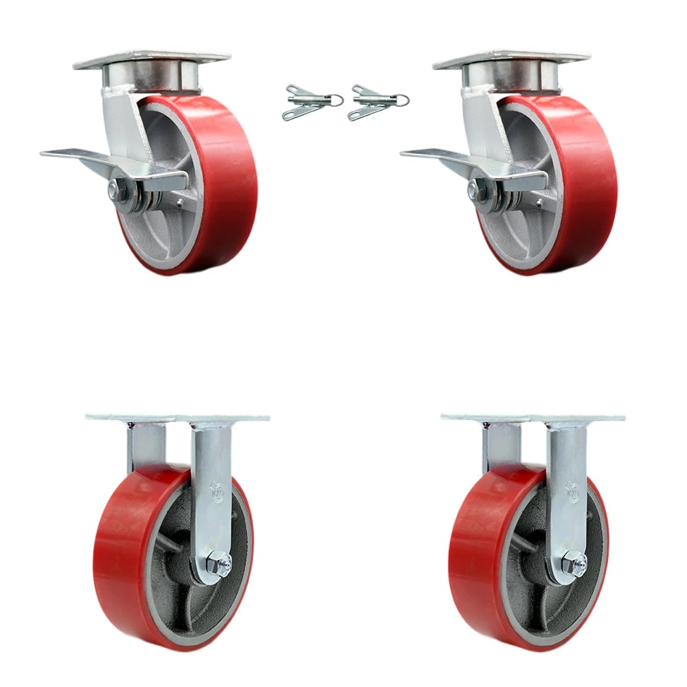 Kingpinless Polyurethane on Cast Iron Swivel Top Plate Caster with 6 x 2 in. Red Wheels - 4800 lbs Total Capacity - Set of 4
