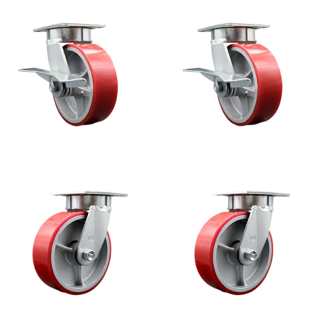 SCC-KP30S620-PUR-RS-SLB-BSL-2-BSL-2 Kingpinless Poly on Cast Iron Swivel Top Plate Caster with 6 x 2 in. Red Wheels - 4800 lbs Capacity - Set of 4