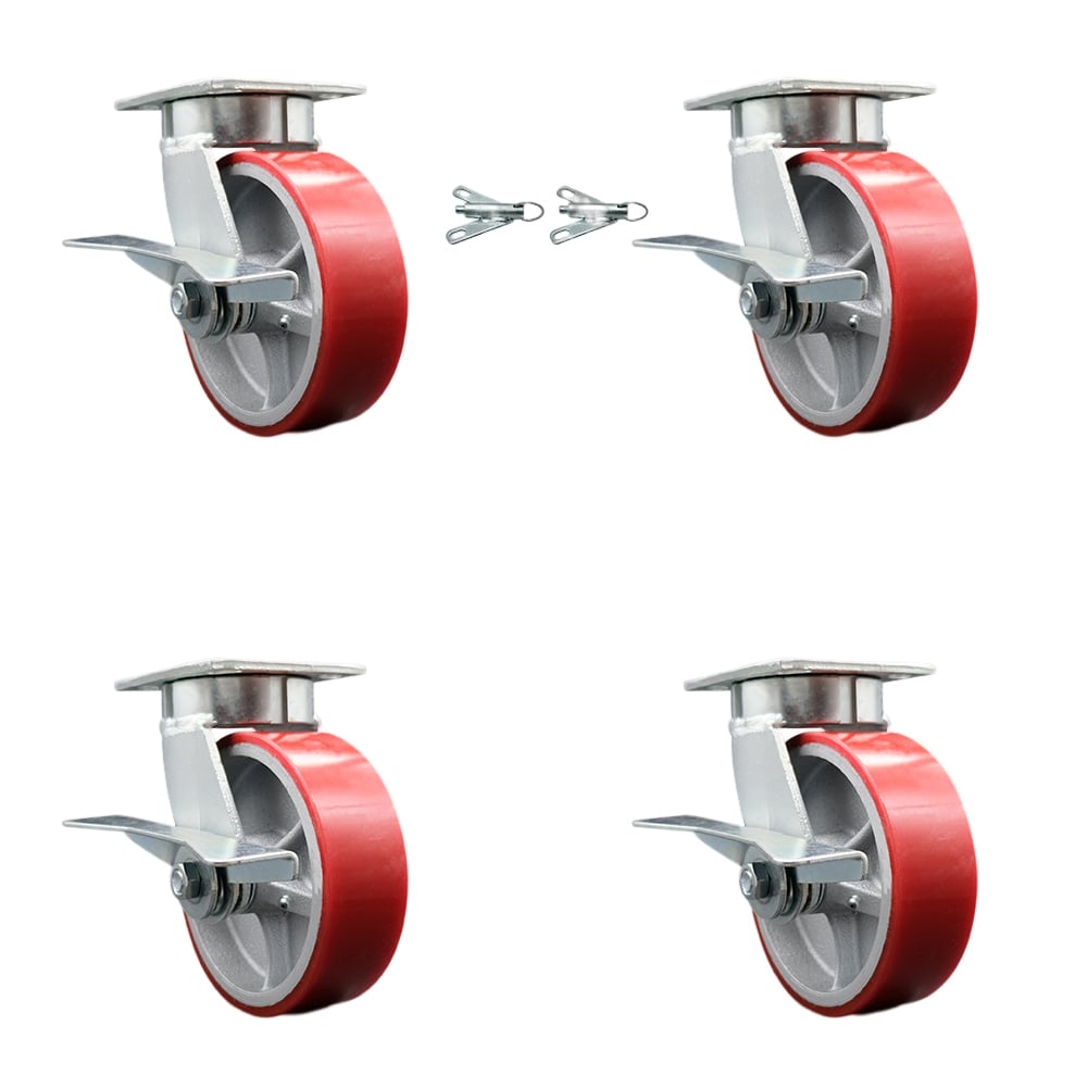 SCC-KP30S620-PUR-RS-SLB-BSL-2-SLB-2 Kingpinless Poly on Cast Iron Swivel Top Plate Caster with 6 x 2 in. Red Wheels - 4800 lbs Capacity - Set of 4