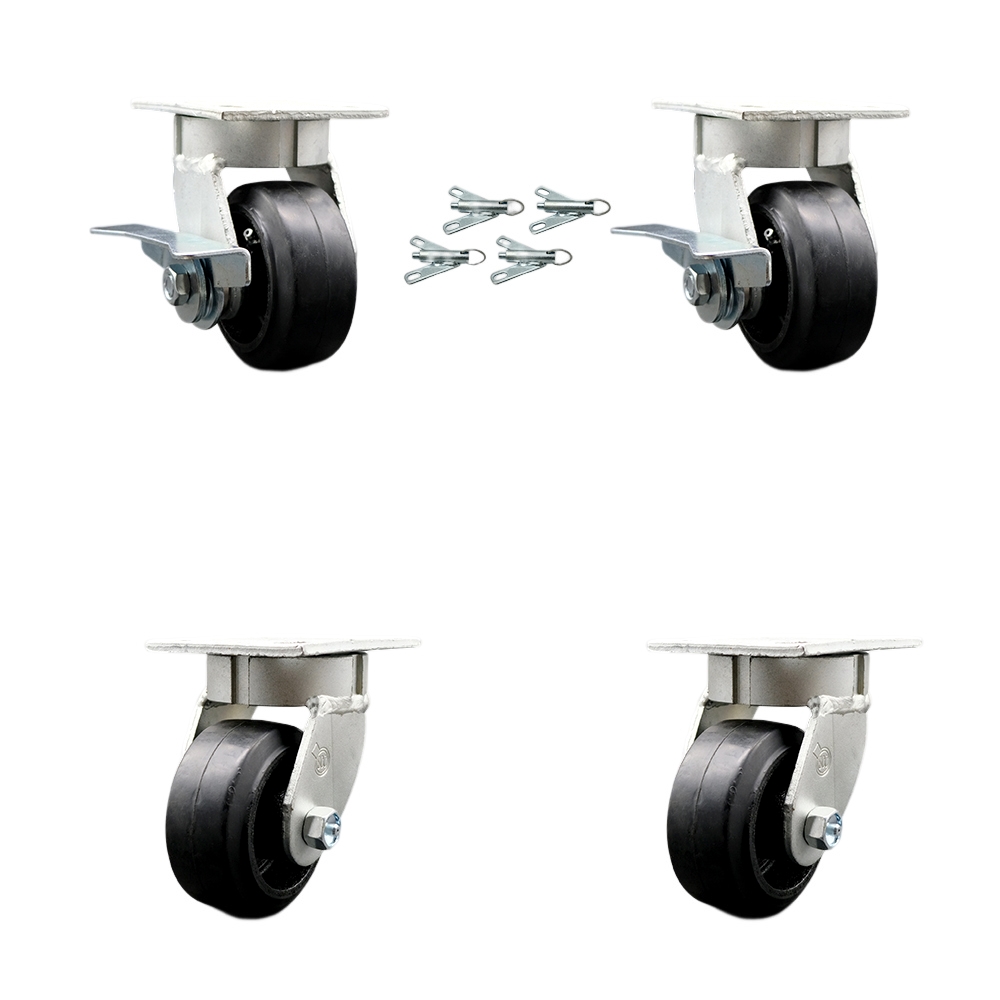 SCC-KP30S420-RSR-SLB-BSL-2-BSL-2 Kingpinless Rubber on Cast Iron Swivel Top Plate Caster with 4 x 2 in. Black Wheels - 1600 lbs Capacity - Set of 4