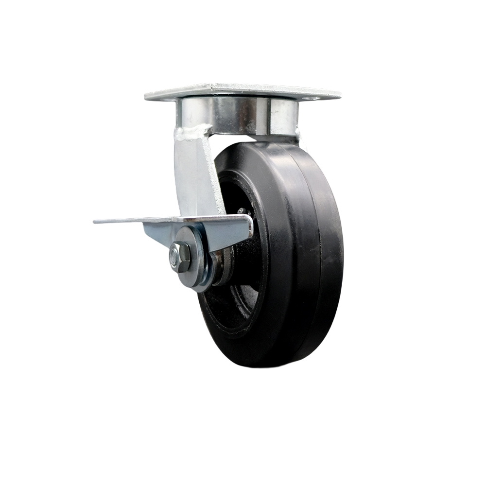 Kingpinless Rubber on Cast Iron Swivel Top Plate Caster with 6 x 2 in. Black Wheel & Side Lock Brake - 450 lbs Capacity per Caster