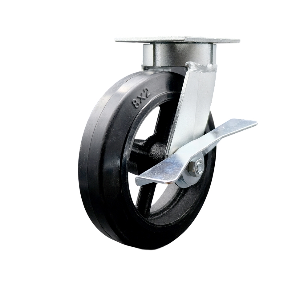 Kingpinless Rubber on Cast Iron Swivel Top Plate Caster with 8 x 2 in. Black Wheel & Side Lock Brake - 500 lbs Capacity per Caster