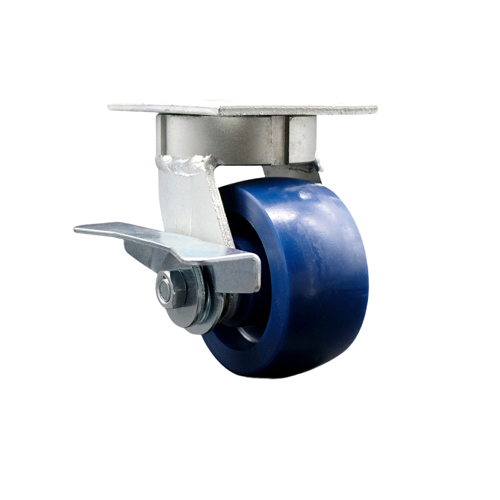 Kingpinless Solid Polyurethane Swivel Top Plate Caster with 4 x 2 in. Blue Wheel & Side Lock Brake - 700 lbs Capacity per Caster