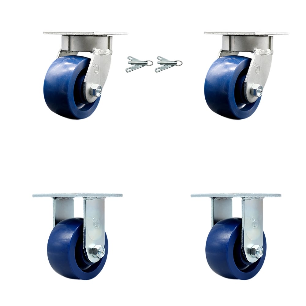 SCC-KP30S420-SPUR-BSL-2-R-2 Kingpinless Solid Polyurethane Swivel Top Plate Caster with 4 x 2 in. Blue Wheels - 2800 lbs Total Capacity - Set of 4