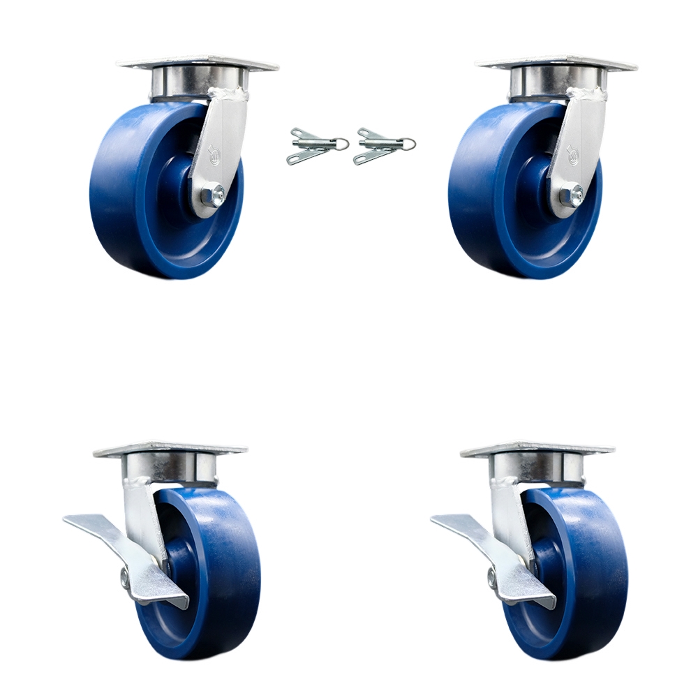 SCC-KP30S620-SPUR-BSL-2-SLB-2 Kingpinless Solid Polyurethane Swivel Top Plate Caster with 6 x 2 in. Blue Wheels - 4800 lbs Total Capacity - Set of 4