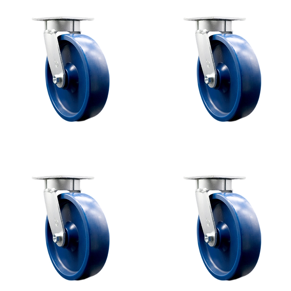 SCC-KP30S820-SPUR-4 Kingpinless Solid Polyurethane Swivel Top Plate Caster with 8 x 2 in. Blue Wheels - 4800 lbs Total Capacity - Set of 4