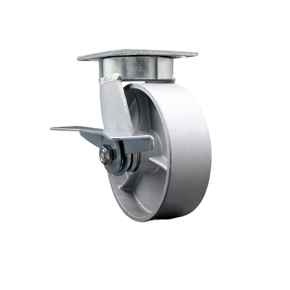 Kingpinless Semi Steel Cast Iron Swivel Top Plate Caster with 6 x 2 in. Silver Wheel & Side Lock Brake - 1200 lbs Capacity per Caster