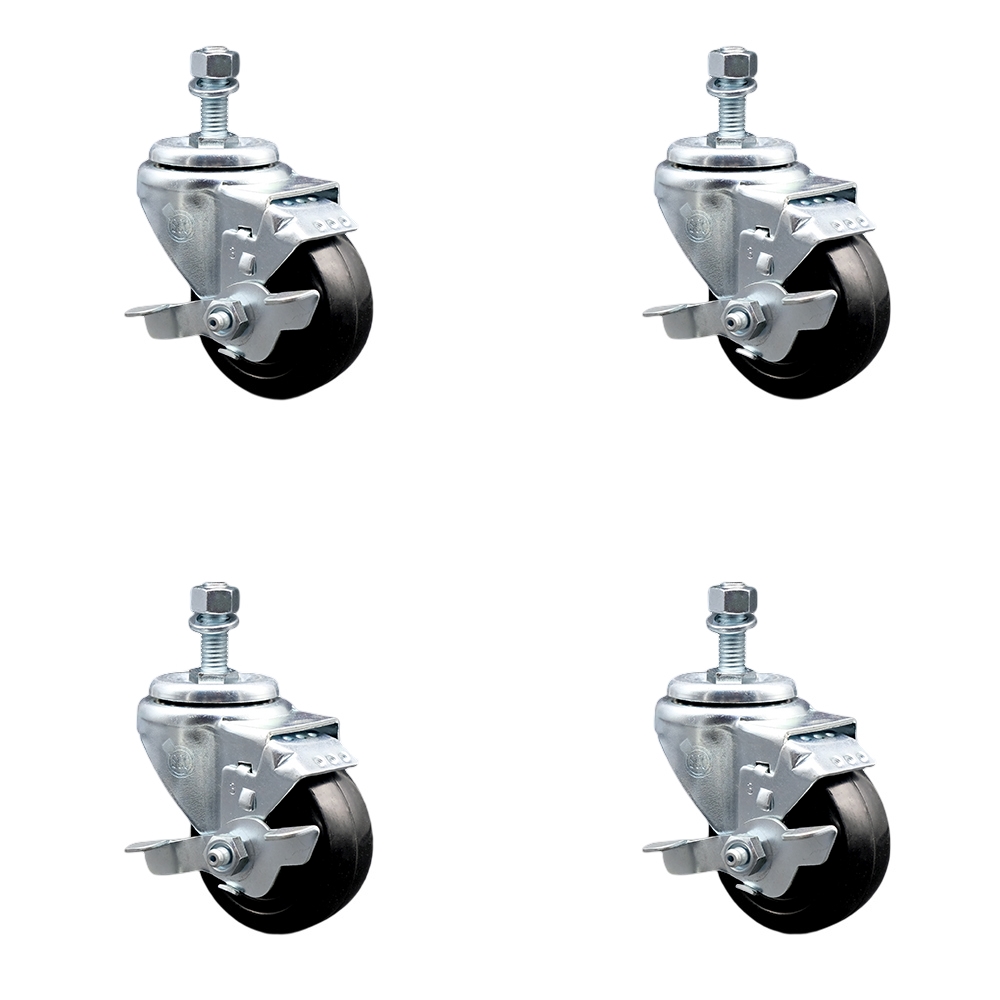 SCC-TS20S314-HRS-TLB-121315-4 Hard Rubber Swivel Threaded Stem Caster with 3 x 1.25 in. Black Wheels & 0.5 in. Stems - Set of 4