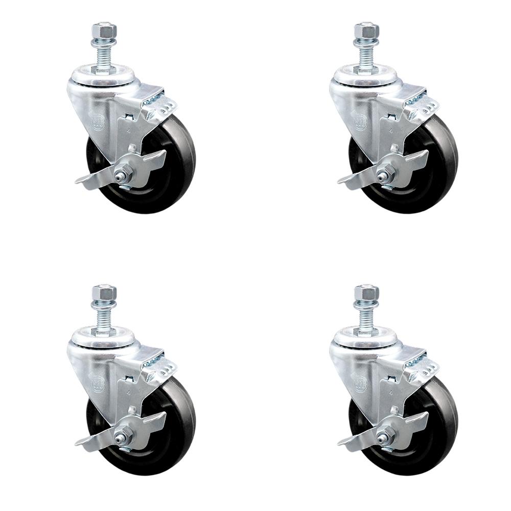 SCC-TS20S414-HRS-TLB-381615-4 Hard Rubber Swivel Threaded Stem Caster with 4 x 1.25 in. Black Wheels & 0.38 in. Stems - Set of 4