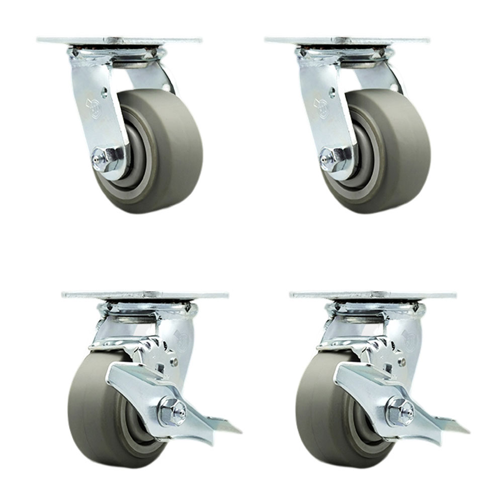 SCC-SS30S420-TPRBF-2-TLB-2 Stainless Steel Heavy Duty Swivel Caster with 4 in. Thermoplastic Rubber Flat Tread Wheels & Ball Bearings - Set of 4