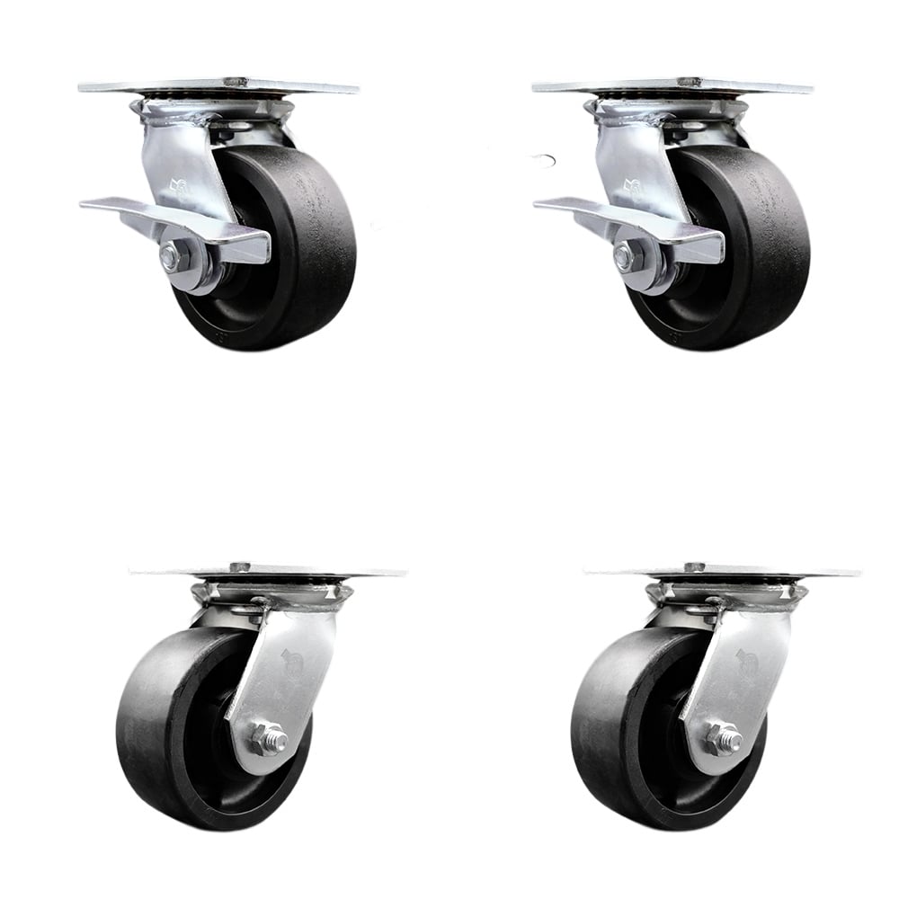 Heavy Duty Large Top Plate Glass Filled Nylon Swivel Caster with 5 x 2 in. Black Wheels - 6000 lbs Capacity - Set of 4