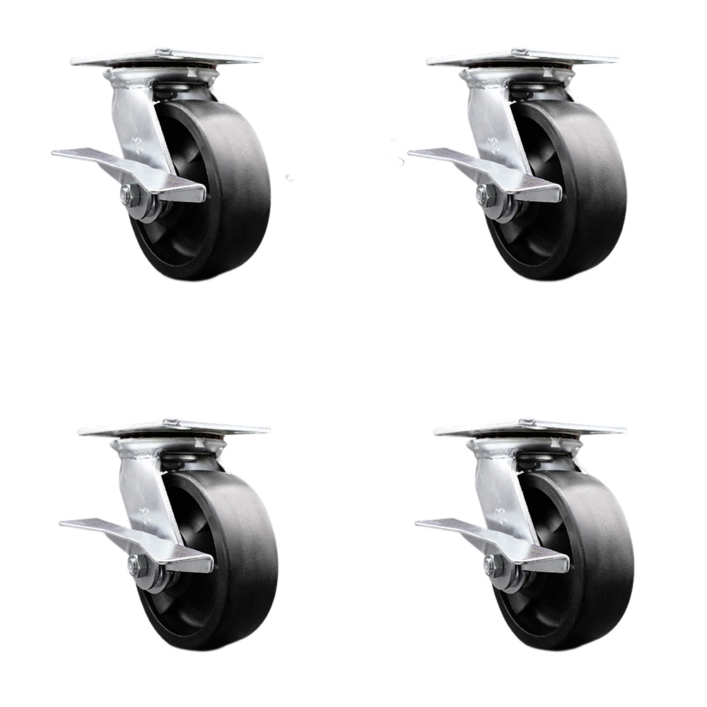 Heavy Duty Large Top Plate Glass Filled Nylon Swivel Caster with 6 x 2 in. Black Wheels - 6000 lbs Total Capacity - Set of 4