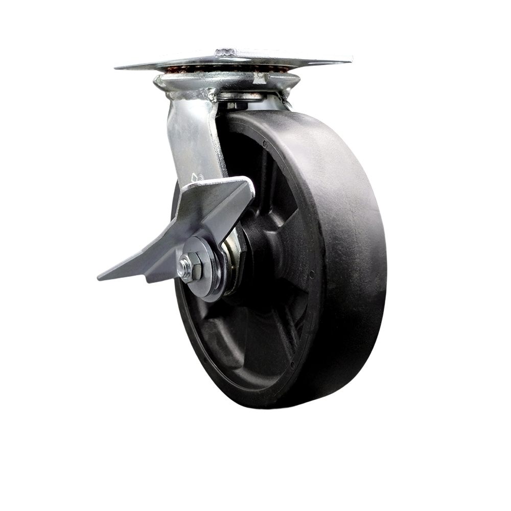 Heavy Duty Large Top Plate Glass Filled Nylon Swivel Caster with 8 x 2 in. Black Wheel & Side Lock Brake - 1500 lbs Capacity per Caster