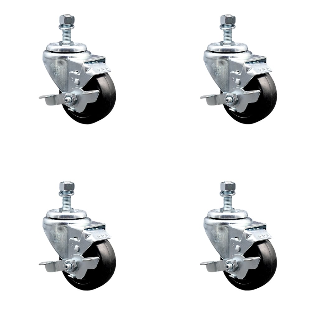 SCC-TS20S314-HRS-TLB-M1215-4 Hard Rubber Swivel Threaded Stem Caster with 3 x 1.25 in. Black Wheels & 12 mm Stems - Set of 4