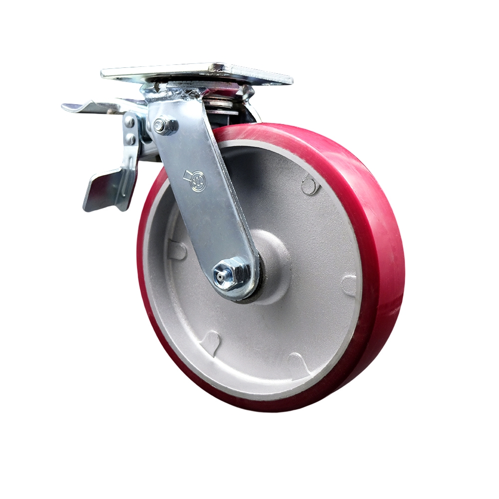 Heavy Duty Swivel Top Plate Caster with Total Lock Brake & 8 in. Polyurethane on Aluminum Wheel with Ball Bearings - 1250 lbs Capacity per Caster