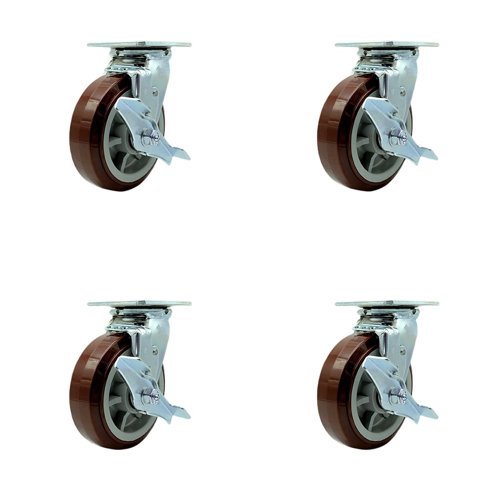 SCC-SS30S620-PPUB-TLB-4 Stainless Steel Heavy Duty Swivel Caster with 6 in. Polyurethane Wheels & Ball Bearings - 3600 lbs Total Capacity - Set of 4