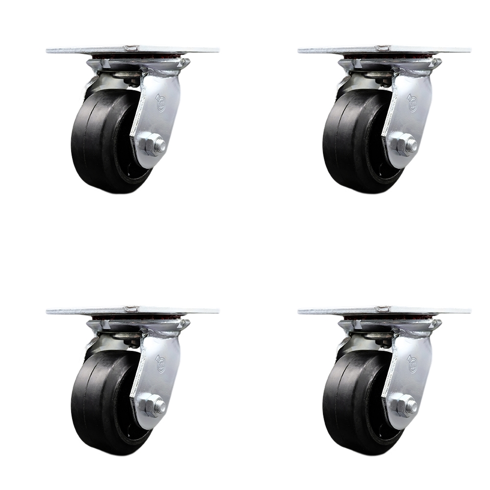 SCC-35S420-RSR-BSL-4 Heavy Duty Large Top Plate Rubber on Cast Iron Swivel Caster with 4 x 2 in. Black Wheels - 1600 lbs Total Capacity - Set of 4