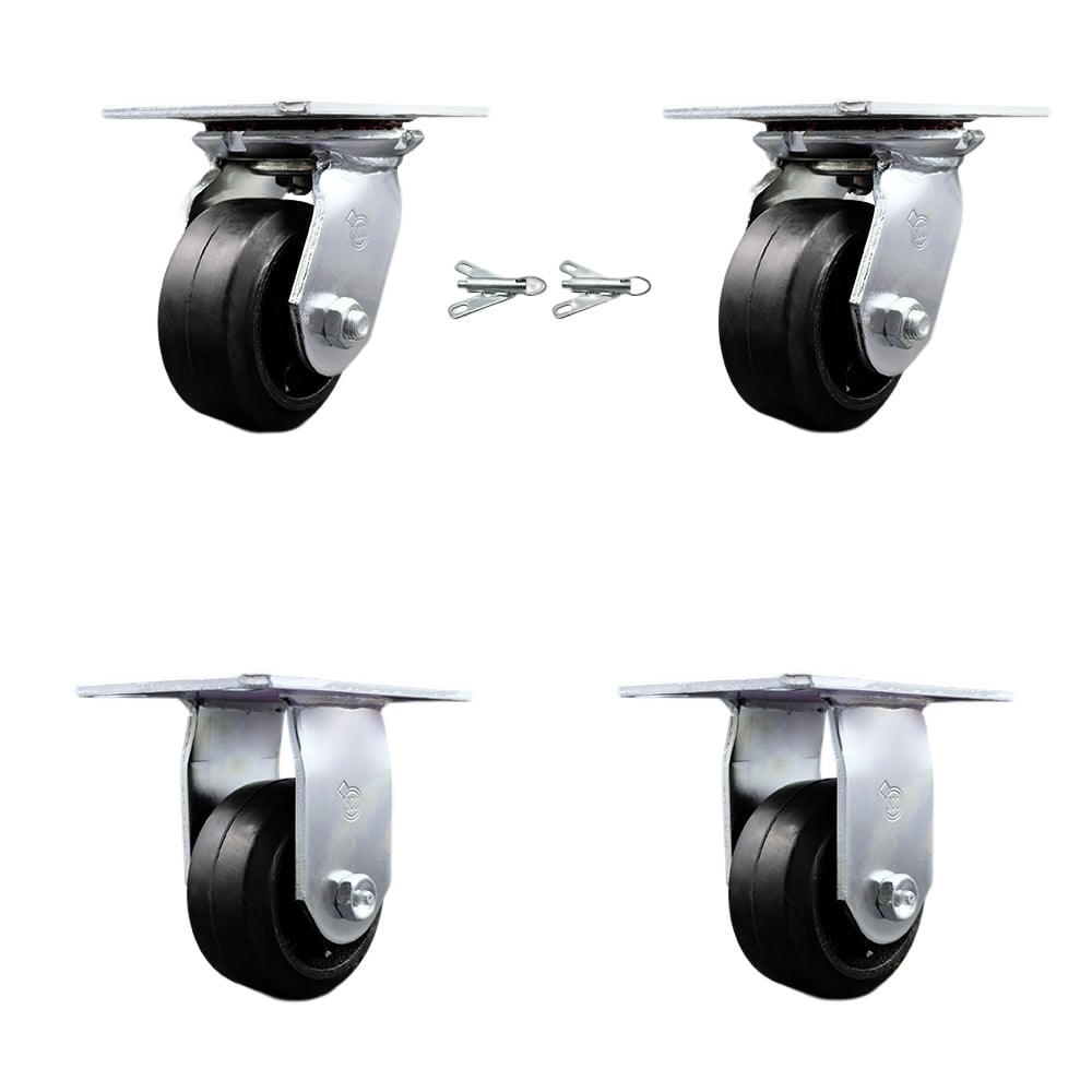 Heavy Duty Large Top Plate Rubber on Cast Iron Swivel Caster with 4 x 2 in. Black Wheels - 1600 lbs Total Capacity - Set of 4