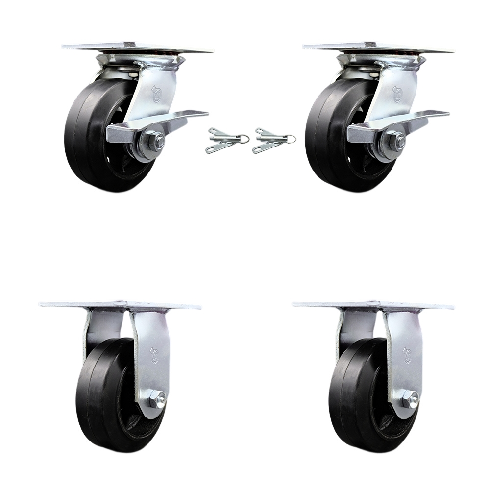 SCC-35S520-RSR-SLB-BSL-2-R-2 Heavy Duty Large Top Plate Rubber on Cast Iron Swivel Caster with 5 x 2 in. Black Wheels - 1600 lbs Capacity - Set of 4