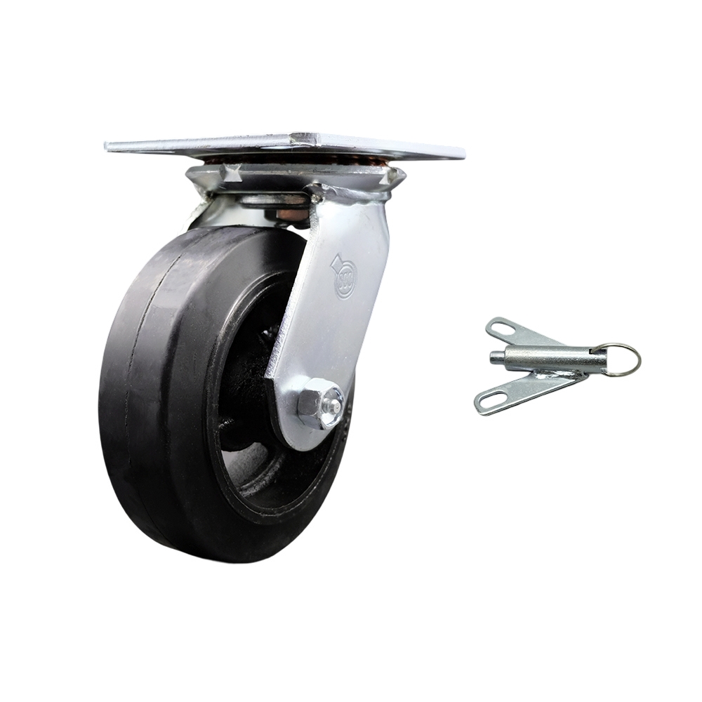 Heavy Duty Large Top Plate Rubber on Cast Iron Swivel Caster with 6 x 2 in. Black Wheel & Bolt on Swivel Lock - 450 lbs Capacity per Caster