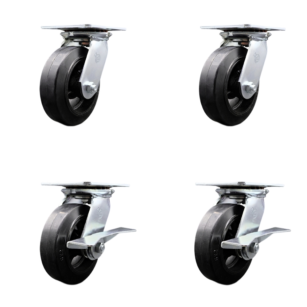 SCC-35S620-RSR-2-SLB-2 Heavy Duty Large Top Plate Rubber on Cast Iron Swivel Caster with 6 x 2 in. Black Wheels - 1800 lbs Total Capacity - Set of 4