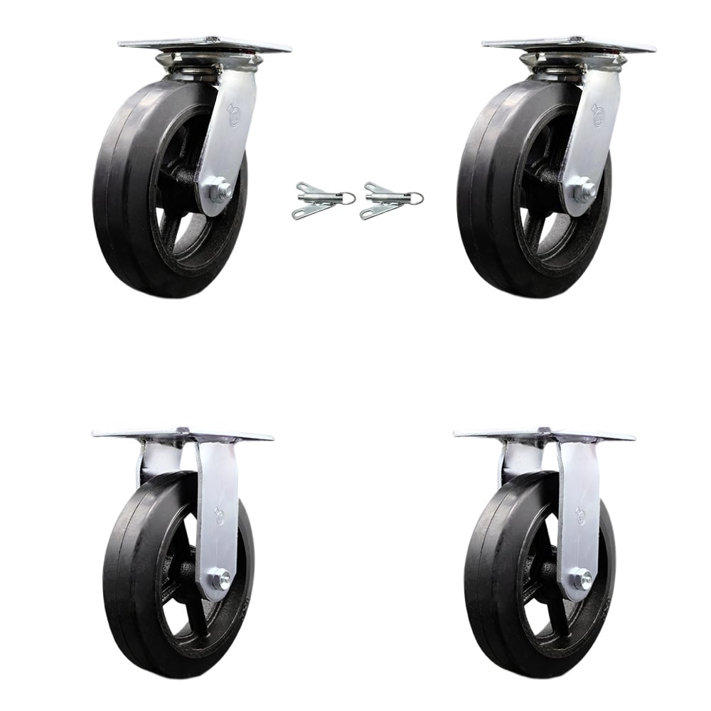Heavy Duty Large Top Plate Rubber on Cast Iron Swivel Caster with 8 x 2 in. Black Wheels - 2000 lbs Total Capacity - Set of 4