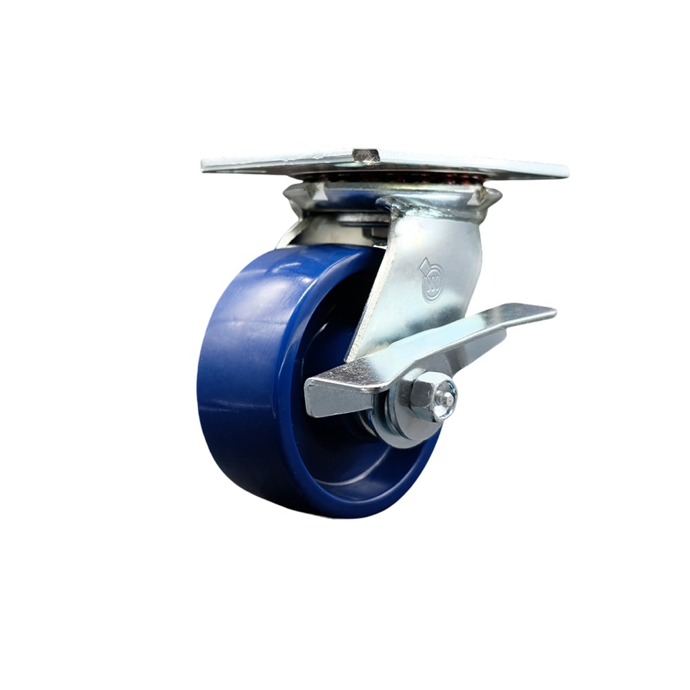 Heavy Duty Large Top Plate Solid Polyurethane Swivel Caster with 5 x 2 in. Blue Wheel & Side Lock Brake - 1000 lbs Capacity per Caster
