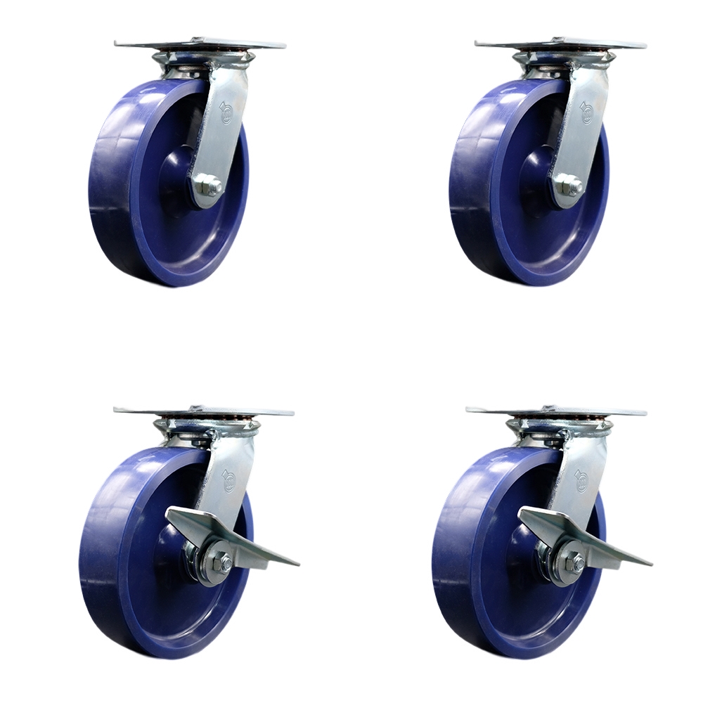 SCC-35S820-SPUR-2-SLB-2 Heavy Duty Large Top Plate Solid Polyurethane Swivel Caster with 8 x 2 in. Blue Wheels - 4800 lbs Total Capacity - Set of 4