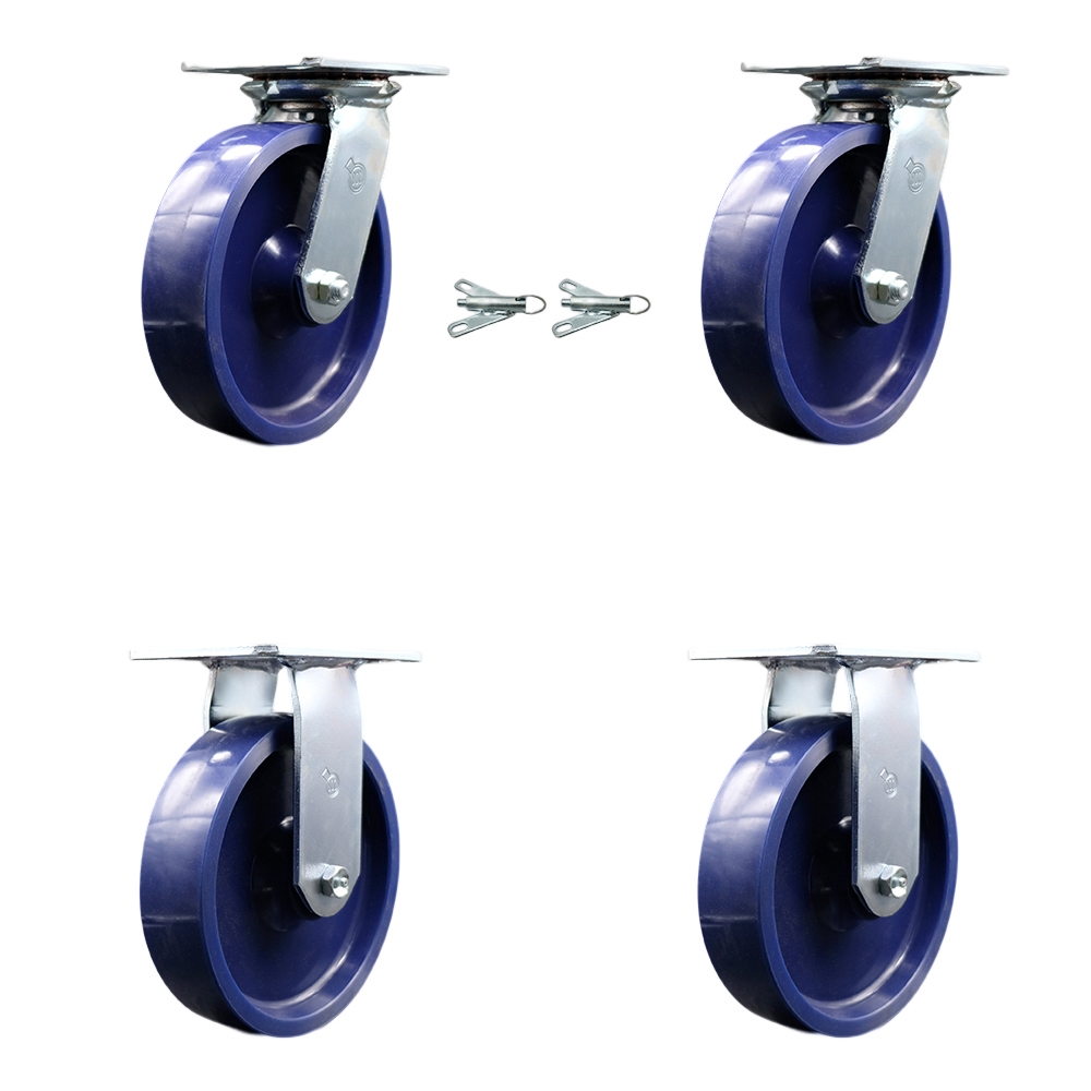 SCC-35S820-SPUR-BSL-2-R-2 Heavy Duty Large Top Plate Solid Polyurethane Swivel Caster with 8 x 2 in. Blue Wheels - 4800 lbs Total Capacity - Set of 4