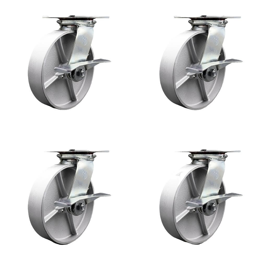 SCC-35S820-SSR-SLB-4 Heavy Duty Large Top Plate Semi Steel Cast Iron Swivel Caster with 8 x 2 in. Silver Wheels - 5000 lbs Total Capacity - Set of 4