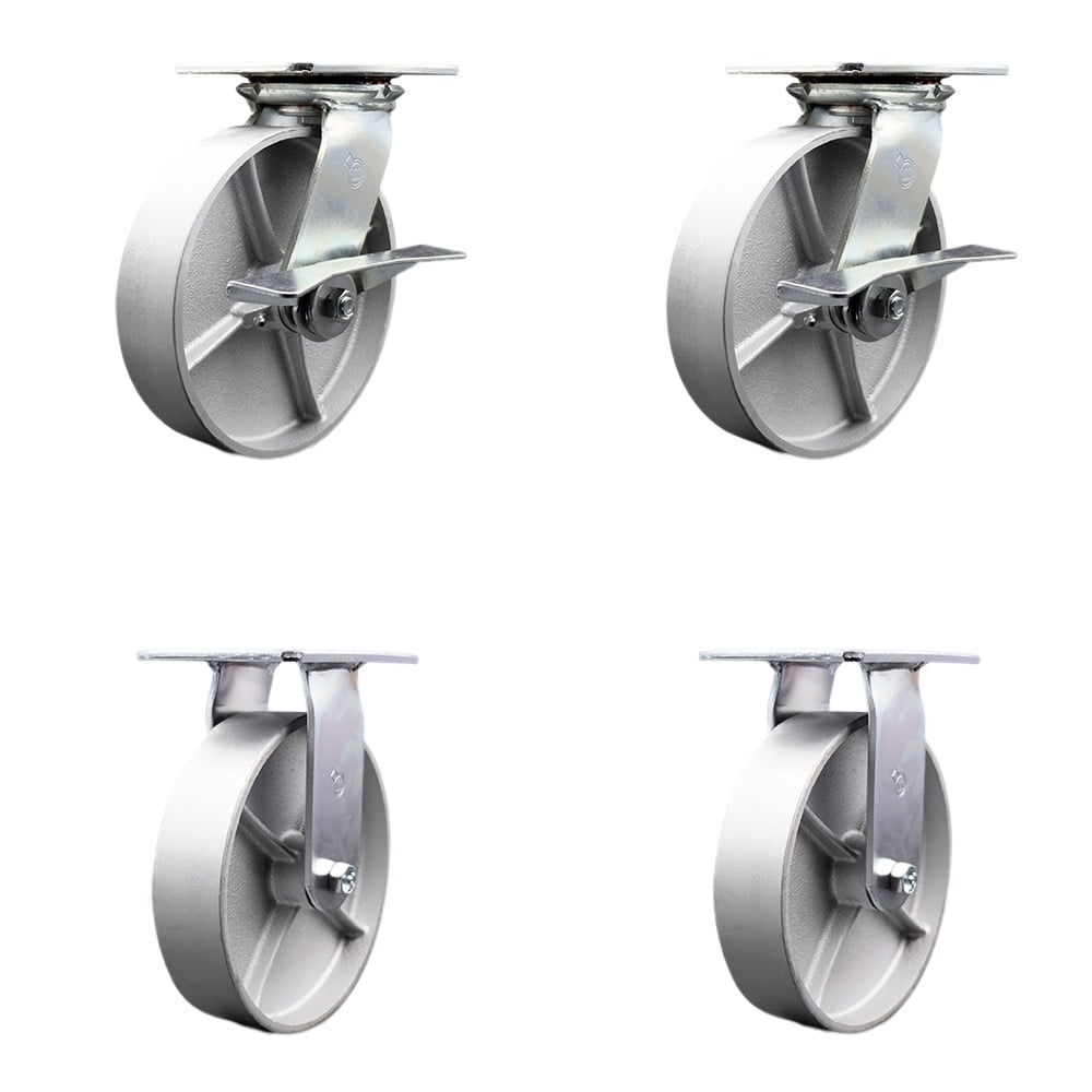 Heavy Duty Large Top Plate Semi Steel Cast Iron Swivel Caster with 8 x 2 in. Silver Wheels - 5000 lbs Total Capacity - Set of 4