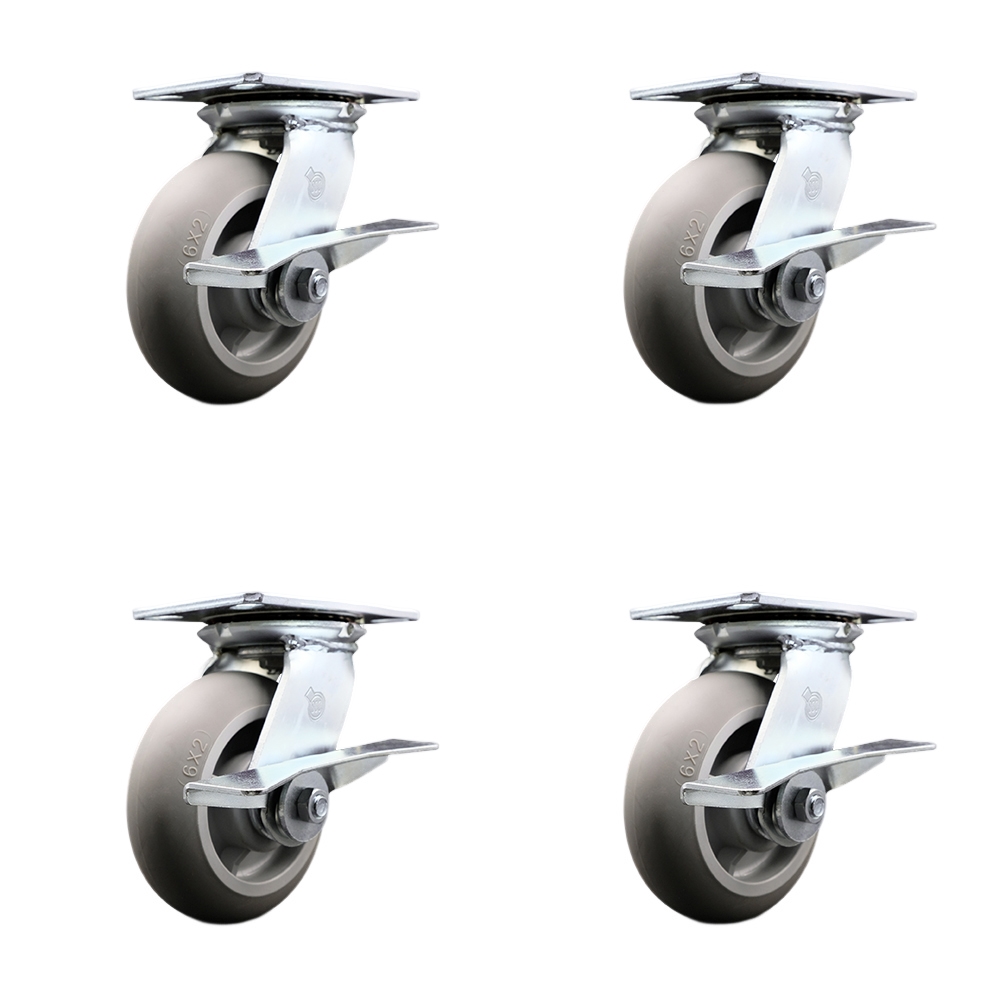 Heavy Duty Large Top Plate Thermo Rubber Donut Tread Swivel Caster with 6 x 2 in. Gray Wheels - 2000 lbs Total Capacity - Set of 4