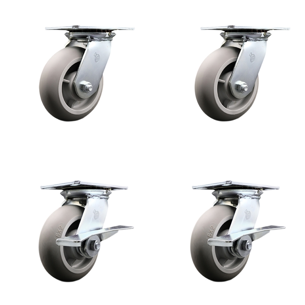 Heavy Duty Large Top Plate Thermo Rubber Donut Tread Swivel Caster with 6 x 2 in. Gray Wheels - 2000 lbs Total Capacity - Set of 4
