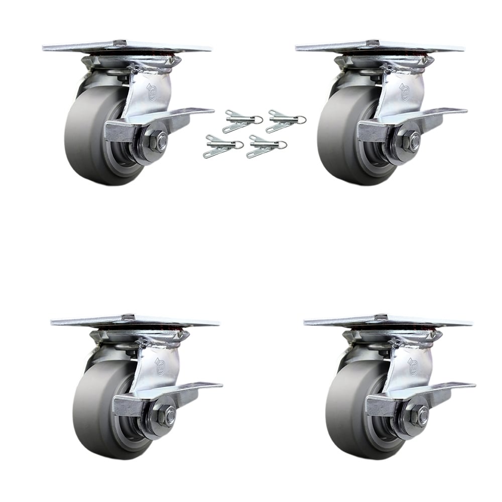 Heavy Duty Large Top Plate Thermo Rubber Flat Tread Swivel Caster with 4 x 2 in. Gray Wheels - 1200 lbs Total Capacity - Set of 4