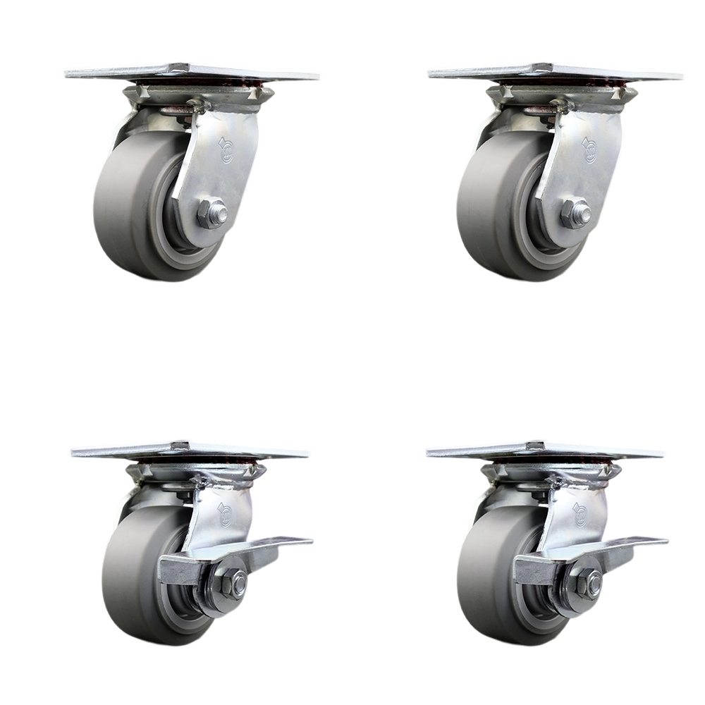 Heavy Duty Large Top Plate Thermo Rubber Flat Tread Swivel Caster with 4 x 2 in. Gray Wheels - 1200 lbs Total Capacity - Set of 4