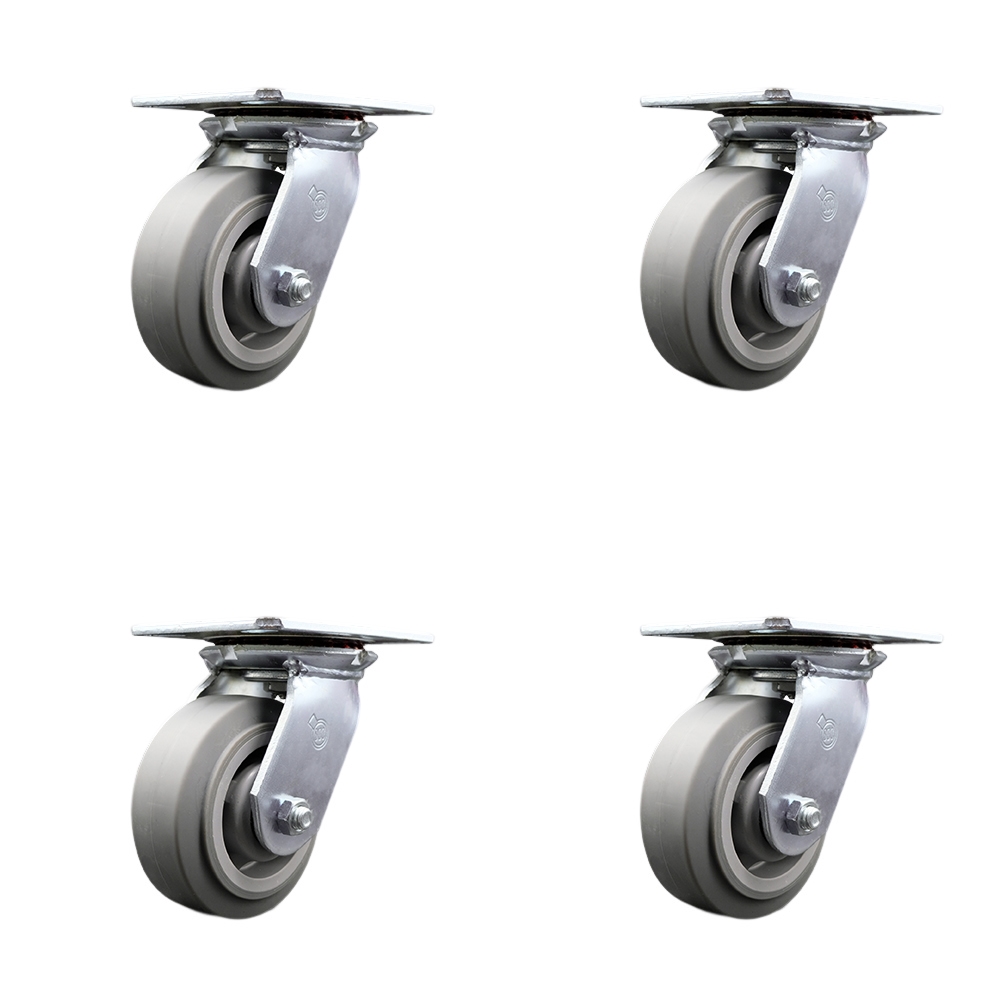 Heavy Duty Large Top Plate Thermo Rubber Flat Tread Swivel Caster with 5 x 2 in. Gray Wheels - 1400 lbs Total Capacity - Set of 4