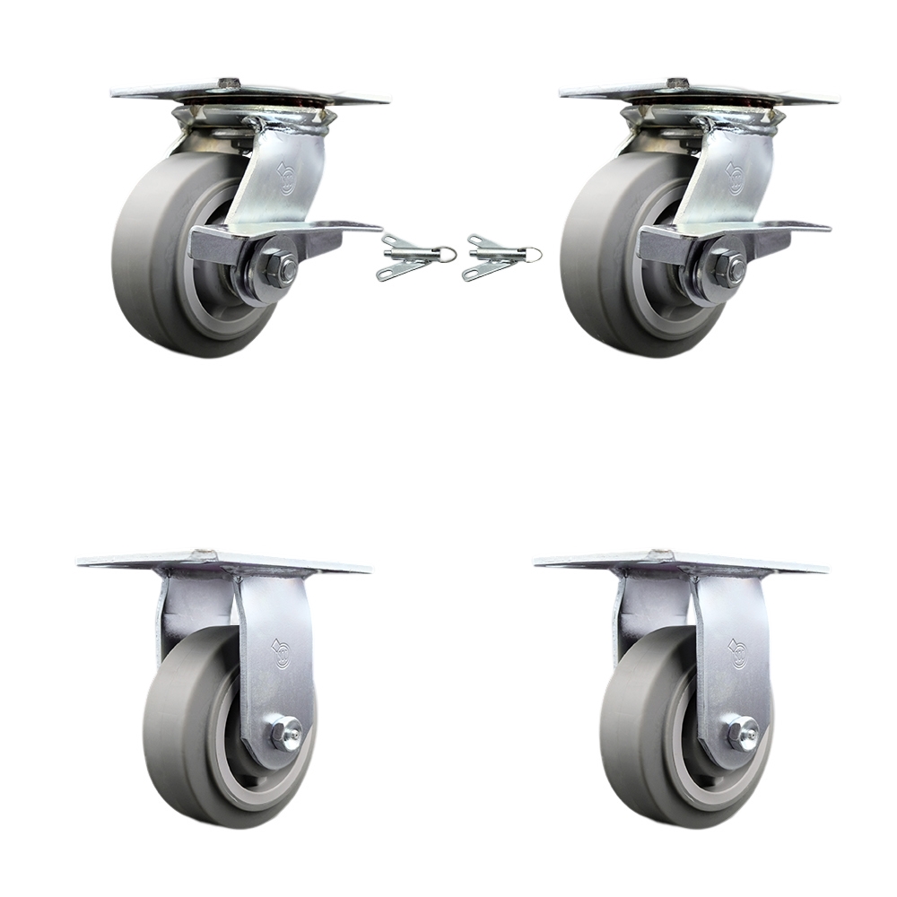 Heavy Duty Large Top Plate Thermo Rubber Flat Tread Swivel Caster with 5 x 2 in. Gray Wheels - 1400 lbs Capacity - Set of 4