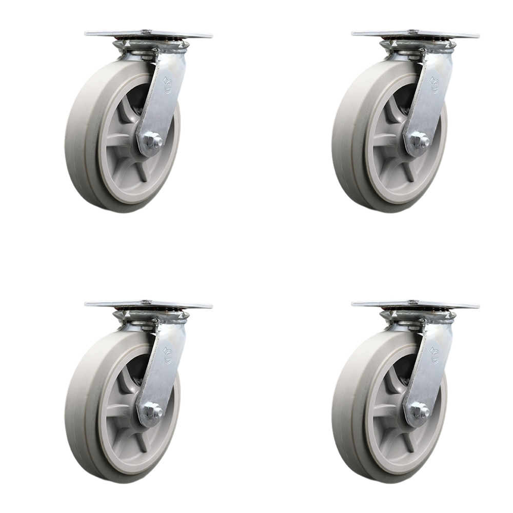 Heavy Duty Large Top Plate Thermo Rubber Flat Tread Swivel Caster with 8 x 2 in. Gray Wheels - 2400 lbs Total Capacity - Set of 4