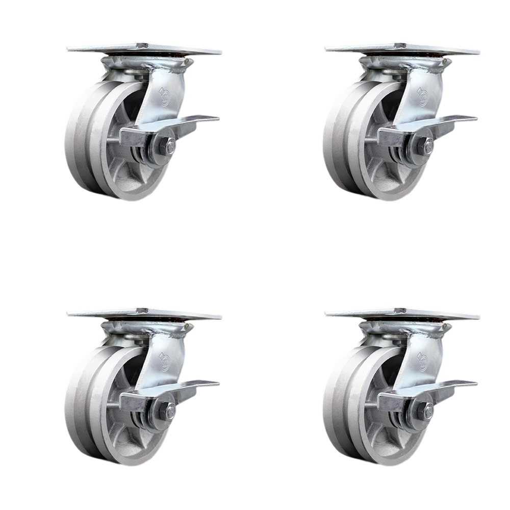 SCC-35S520-VGR-SLB-4 Heavy Duty Large Top Plate V Groove Semi Steel Swivel Caster with 5 x 2 in. Silver Wheels - 4400 lbs Total Capacity - Set of 4