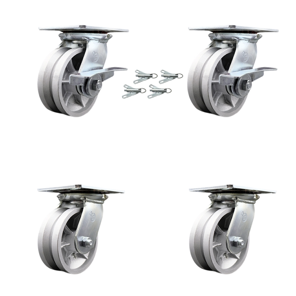 Heavy Duty Large Top Plate V Groove Semi Steel Swivel Caster with 5 x 2 in. Silver Wheel - 4400 lbs Capacity - Set of 4