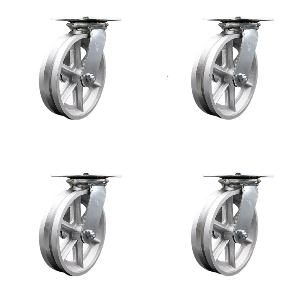 SCC-35S820-VGR-BSL-4 Heavy Duty Large Top Plate V Groove Semi Steel Swivel Caster with 8 x 2 in. Silver Wheels - 5000 lbs Total Capacity - Set of 4